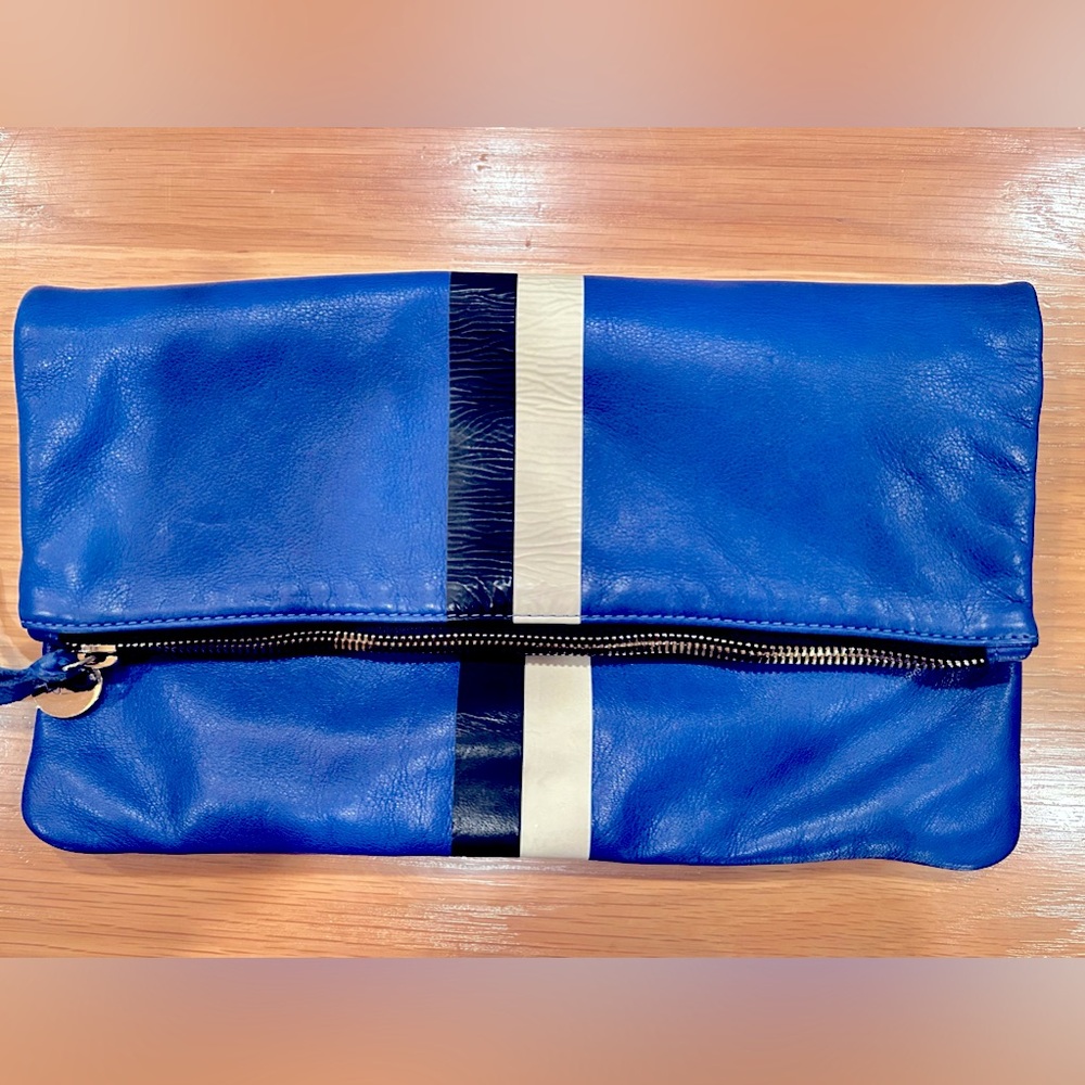 Clare V Blue Leather Foldover Clutch with White and Black Stripe